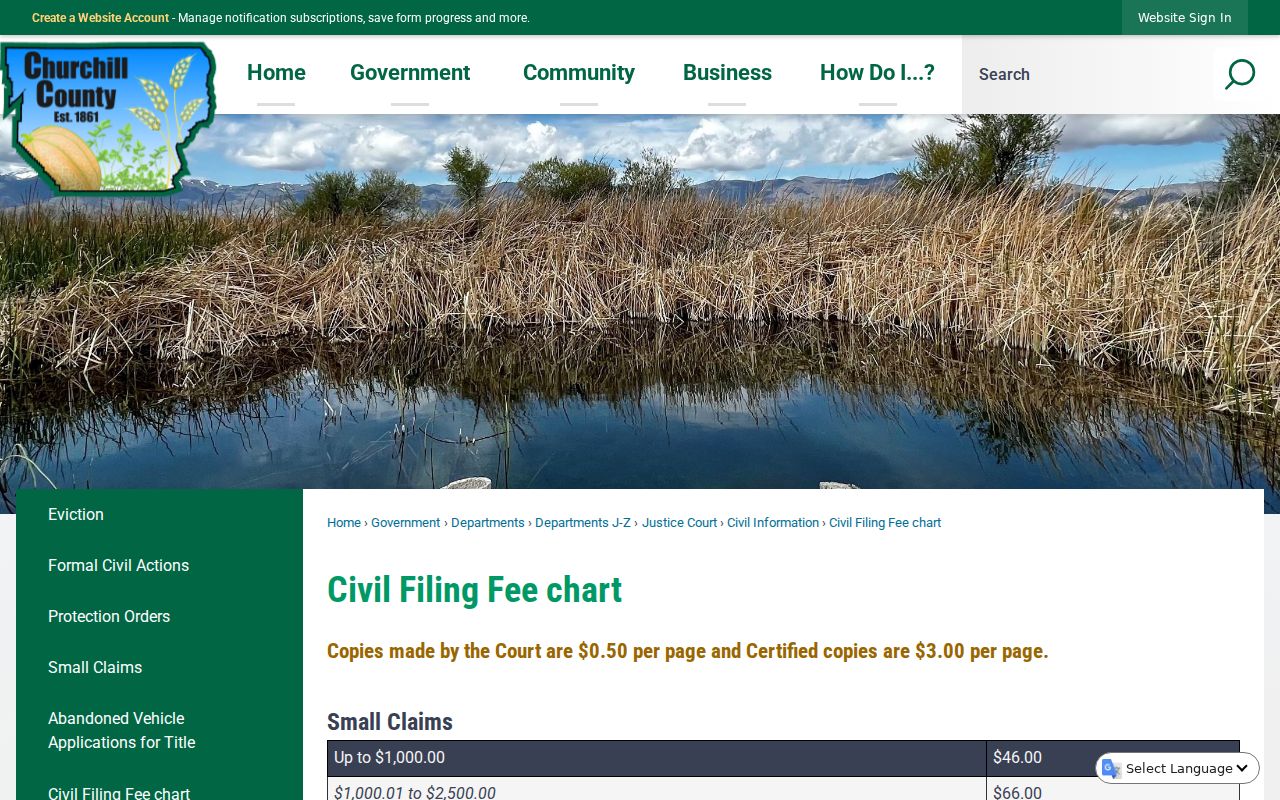 Churchill County criminal court case search fee chart