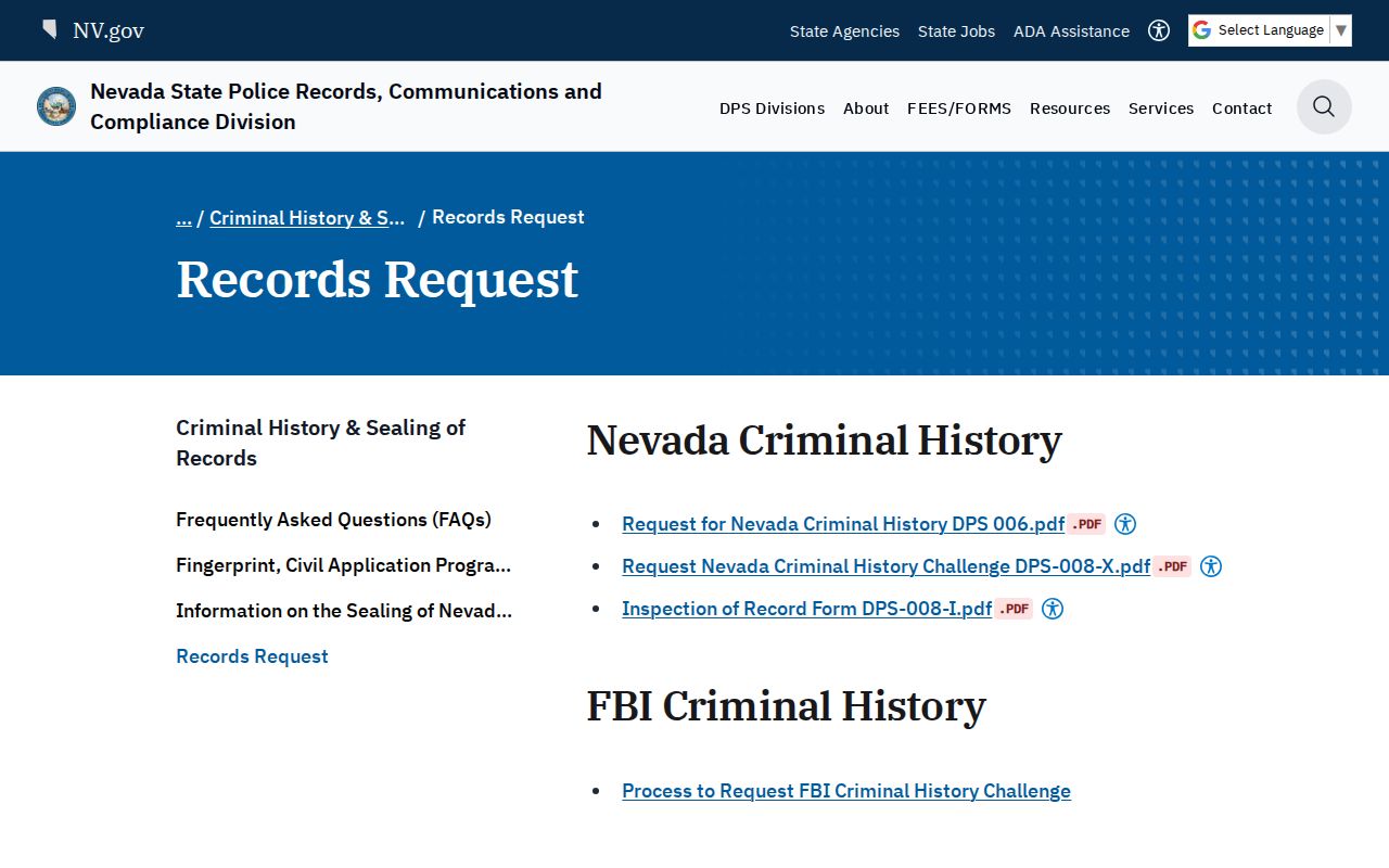 Churchill County criminal history request through Nevada RCCD
