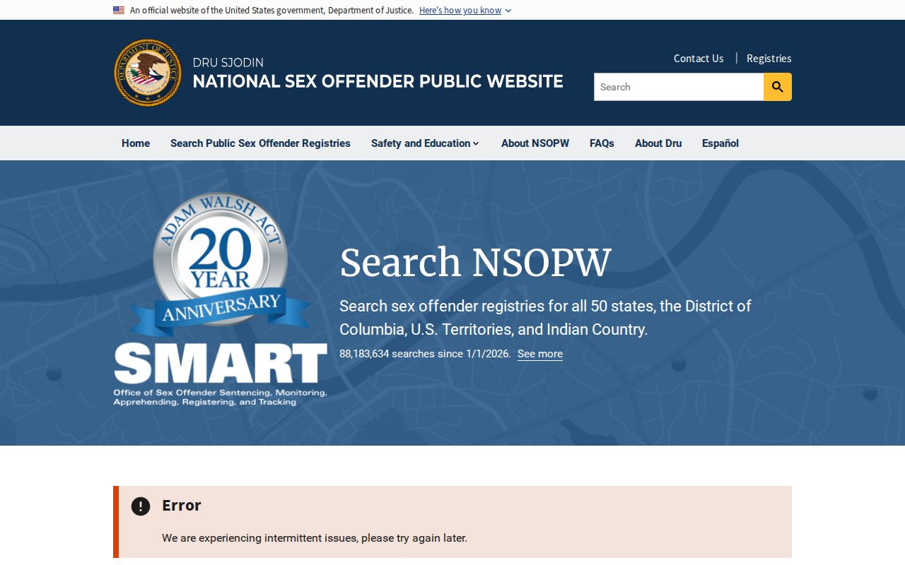 Churchill County sex offender check through the United States Department of Justice NSOPW registry