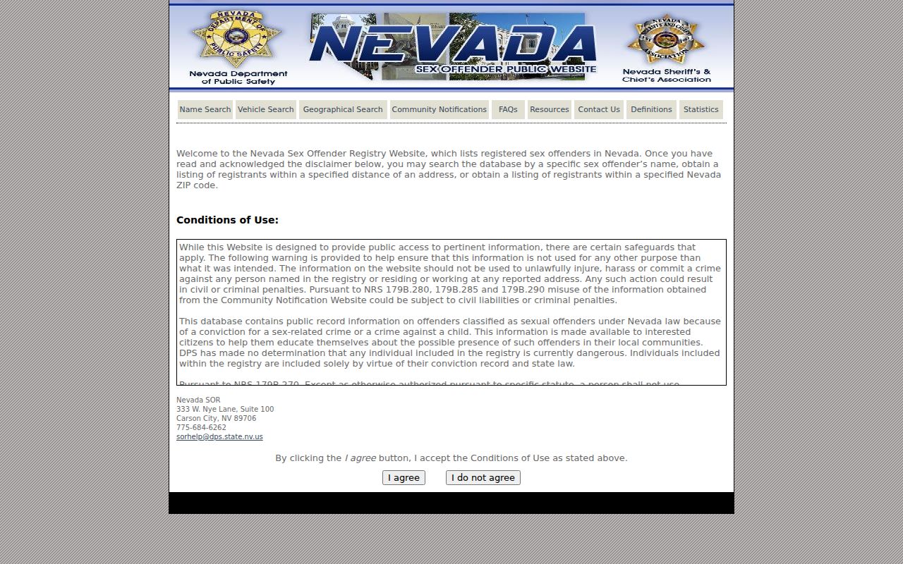 Nevada Sex Offender Registry geographic search screen for a Churchill County address search